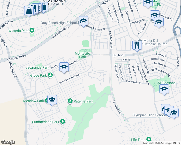 map of restaurants, bars, coffee shops, grocery stores, and more near 1555 Ortega Street in Chula Vista
