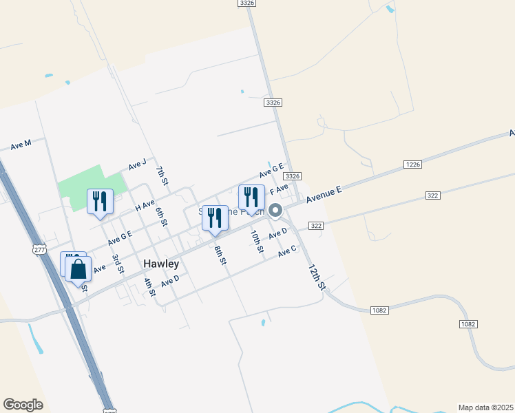 map of restaurants, bars, coffee shops, grocery stores, and more near 1050 Avenue East in Hawley