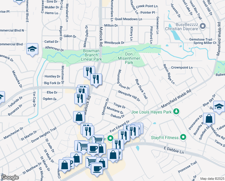 map of restaurants, bars, coffee shops, grocery stores, and more near 310 Mesquite Hill Drive in Arlington