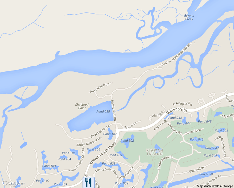 map of restaurants, bars, coffee shops, grocery stores, and more near 96 Rhetts Bluff Road in Kiawah Island