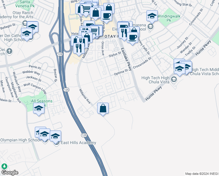 map of restaurants, bars, coffee shops, grocery stores, and more near 1824 Liquid Lane in Chula Vista