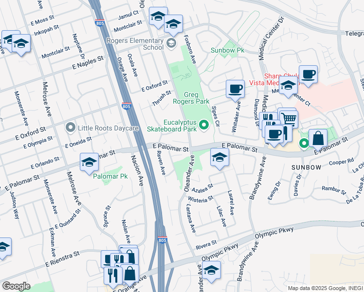 map of restaurants, bars, coffee shops, grocery stores, and more near 477 Oriole Court in Chula Vista