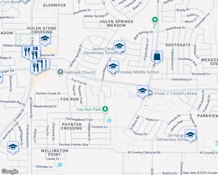map of restaurants, bars, coffee shops, grocery stores, and more near 8732 Hunters Point Way in Fort Worth