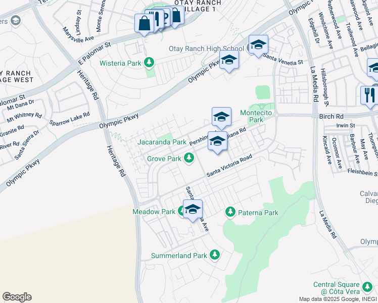map of restaurants, bars, coffee shops, grocery stores, and more near 1345 Santa Diana Road in Chula Vista