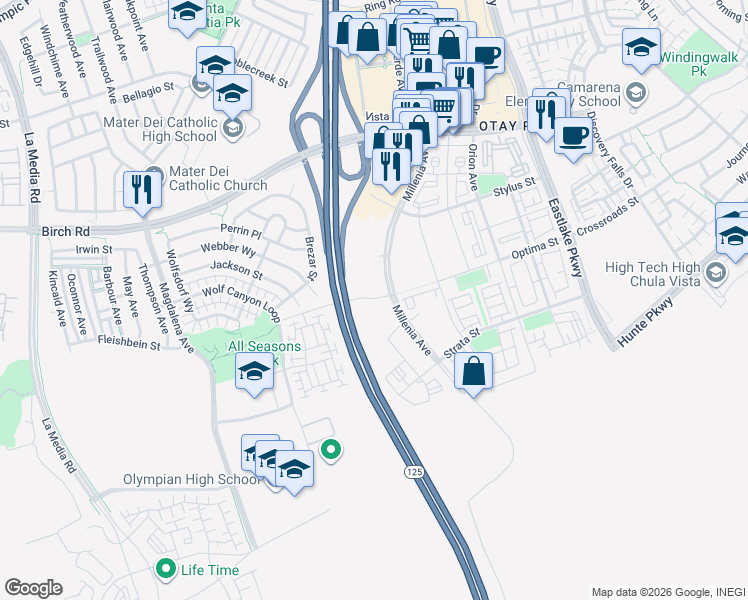 map of restaurants, bars, coffee shops, grocery stores, and more near 1874 Cranberry Street in Chula Vista
