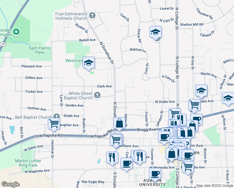 map of restaurants, bars, coffee shops, grocery stores, and more near 474 West Drake Avenue in Auburn