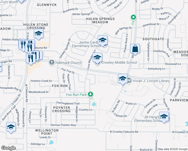map of restaurants, bars, coffee shops, grocery stores, and more near 8732 Hunters Point Way in Fort Worth