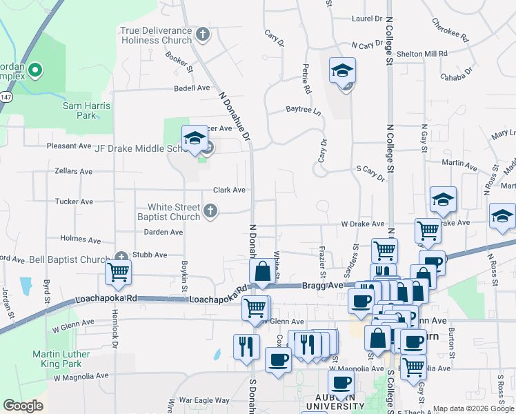 map of restaurants, bars, coffee shops, grocery stores, and more near 474 West Drake Avenue in Auburn