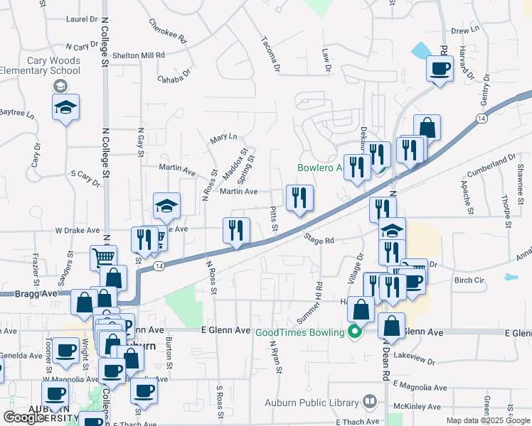 map of restaurants, bars, coffee shops, grocery stores, and more near 541 Pitts Street in Auburn