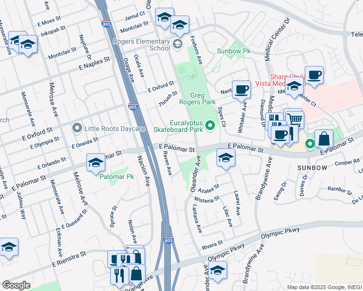 map of restaurants, bars, coffee shops, grocery stores, and more near 477 Oriole Court in Chula Vista