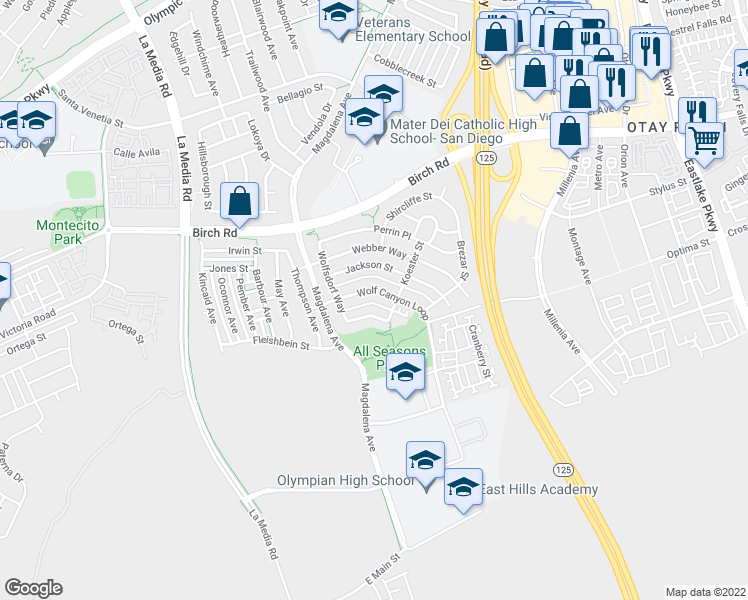 map of restaurants, bars, coffee shops, grocery stores, and more near 1804 Wolf Canyon Loop in Chula Vista