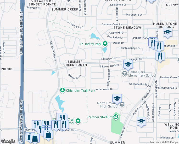 map of restaurants, bars, coffee shops, grocery stores, and more near 4904 Breezewind Lane in Fort Worth