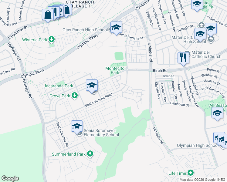 map of restaurants, bars, coffee shops, grocery stores, and more near 1424 Santa Victoria Road in Chula Vista