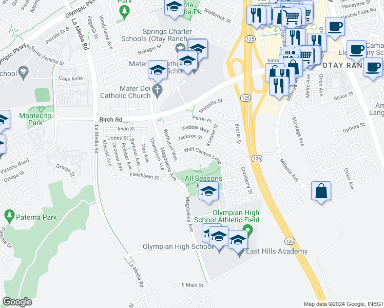 map of restaurants, bars, coffee shops, grocery stores, and more near 1804 Wolf Canyon Loop in Chula Vista