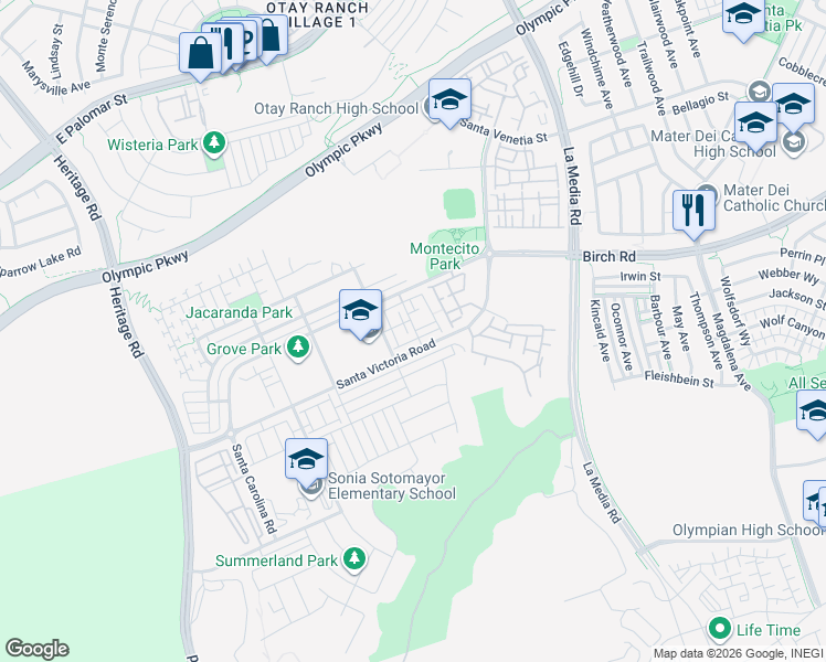 map of restaurants, bars, coffee shops, grocery stores, and more near 1423 Shearwater Street in Chula Vista