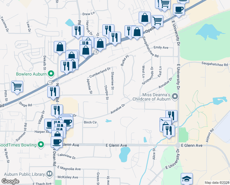 map of restaurants, bars, coffee shops, grocery stores, and more near 1112 Stage Road in Auburn