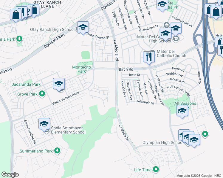 map of restaurants, bars, coffee shops, grocery stores, and more near 1673 Casa Mila Drive in Chula Vista