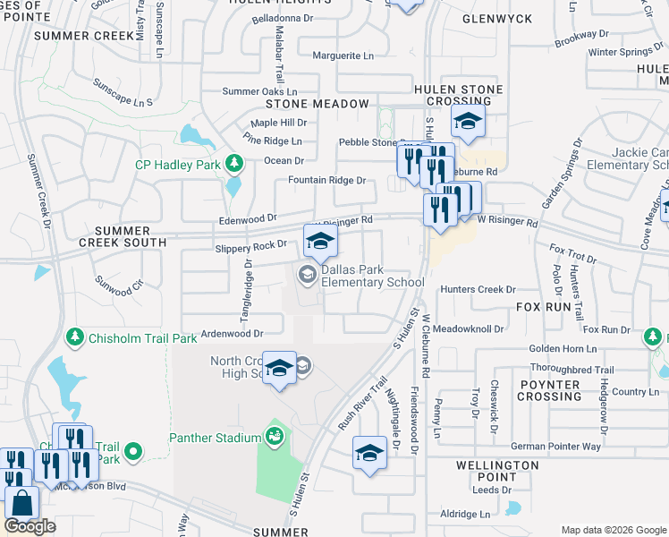 map of restaurants, bars, coffee shops, grocery stores, and more near 4529 Embercrest Drive in Fort Worth