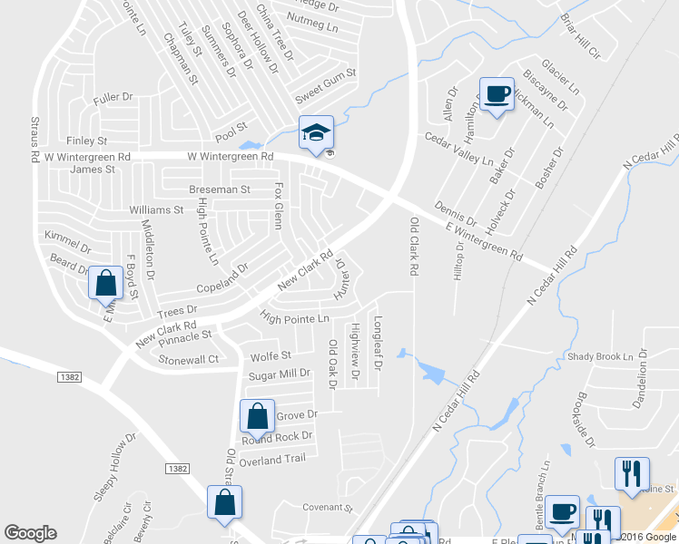 map of restaurants, bars, coffee shops, grocery stores, and more near 112 Hunter Street in Cedar Hill