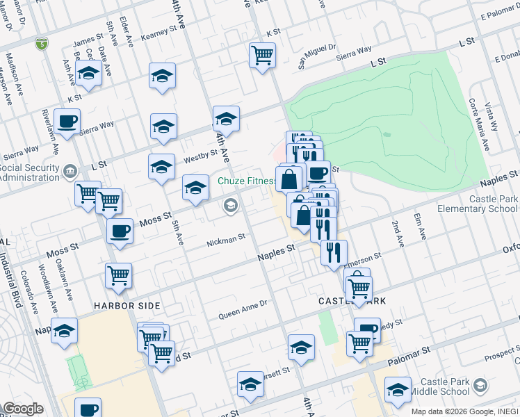map of restaurants, bars, coffee shops, grocery stores, and more near 1035 4th Avenue in Chula Vista