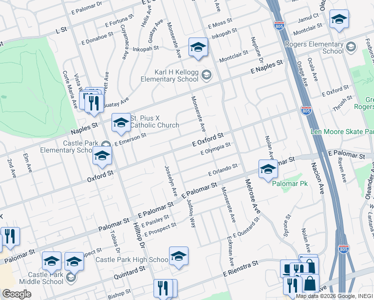 map of restaurants, bars, coffee shops, grocery stores, and more near 128 East Oxford Street in Chula Vista