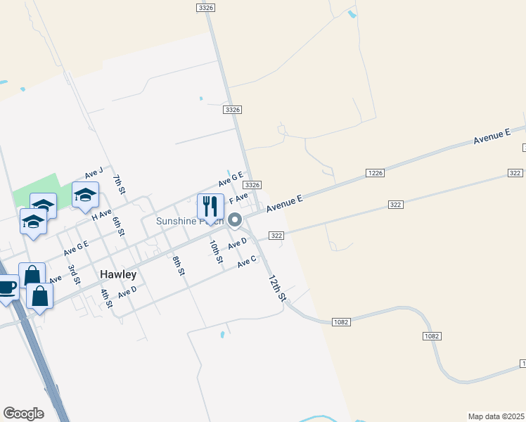 map of restaurants, bars, coffee shops, grocery stores, and more near 1050 Avenue East in Hawley