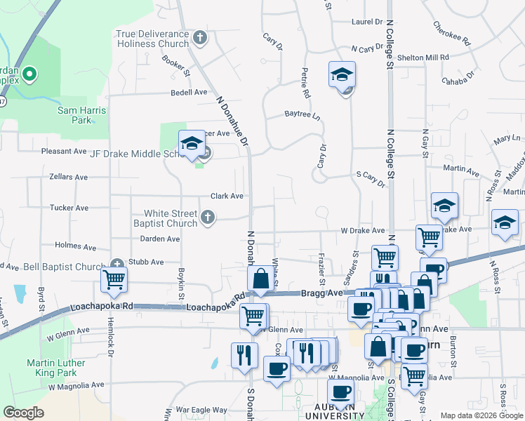 map of restaurants, bars, coffee shops, grocery stores, and more near 474 West Drake Avenue in Auburn