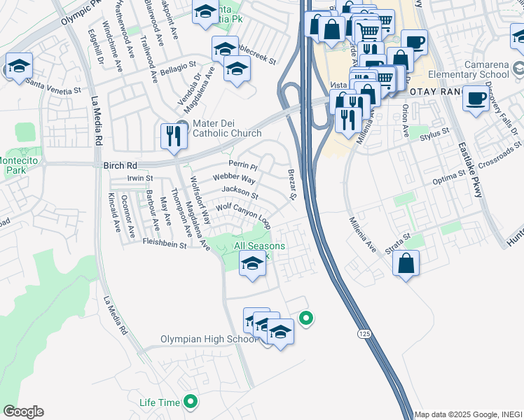 map of restaurants, bars, coffee shops, grocery stores, and more near 1874 Wolf Canyon Loop in Chula Vista