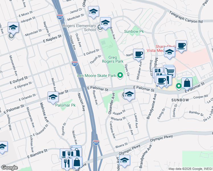map of restaurants, bars, coffee shops, grocery stores, and more near 477 Oriole Court in Chula Vista
