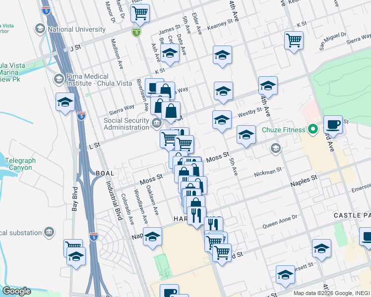 map of restaurants, bars, coffee shops, grocery stores, and more near 985 Broadway in Chula Vista