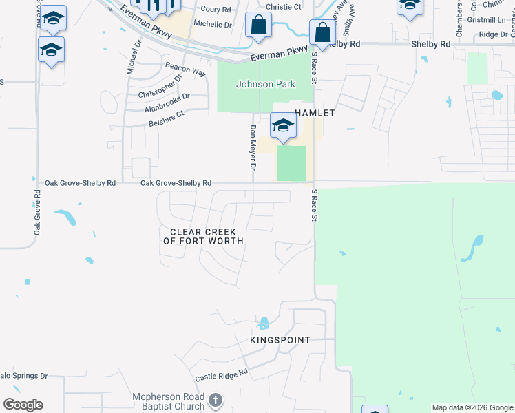map of restaurants, bars, coffee shops, grocery stores, and more near Oak Grove-Shelby Road in Everman