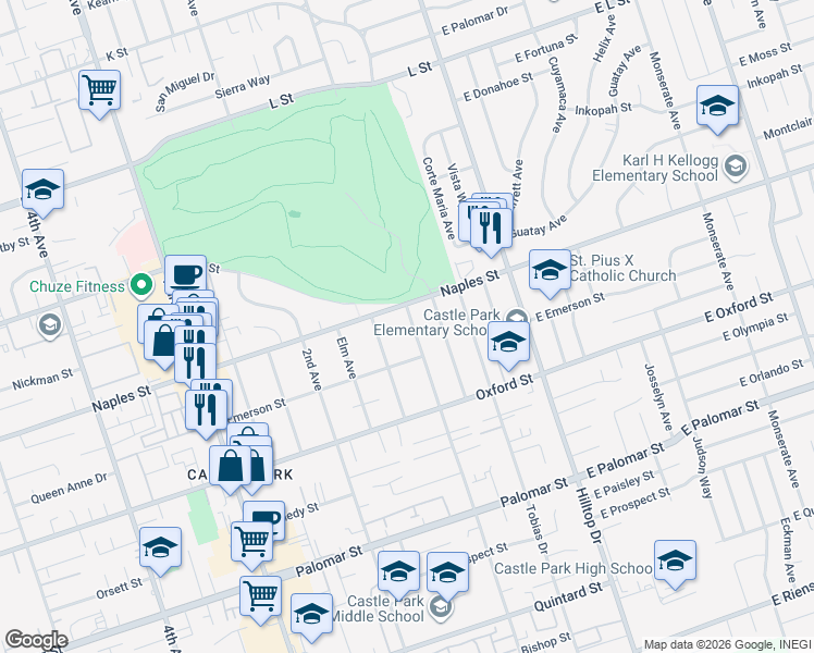 map of restaurants, bars, coffee shops, grocery stores, and more near 1120 1st Avenue in Chula Vista