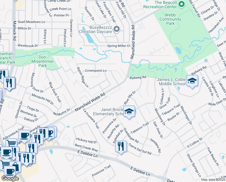 map of restaurants, bars, coffee shops, grocery stores, and more near 650 Spanish Oak Court in Arlington
