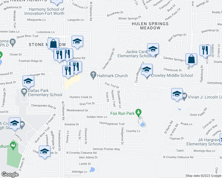 map of restaurants, bars, coffee shops, grocery stores, and more near 8708 Hunters Trail in Fort Worth