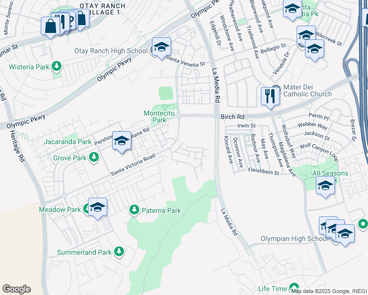 map of restaurants, bars, coffee shops, grocery stores, and more near 1657 La Ribera Lane in Chula Vista