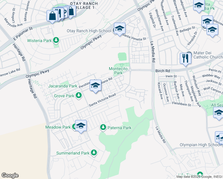 map of restaurants, bars, coffee shops, grocery stores, and more near 1423 Shearwater Street in Chula Vista