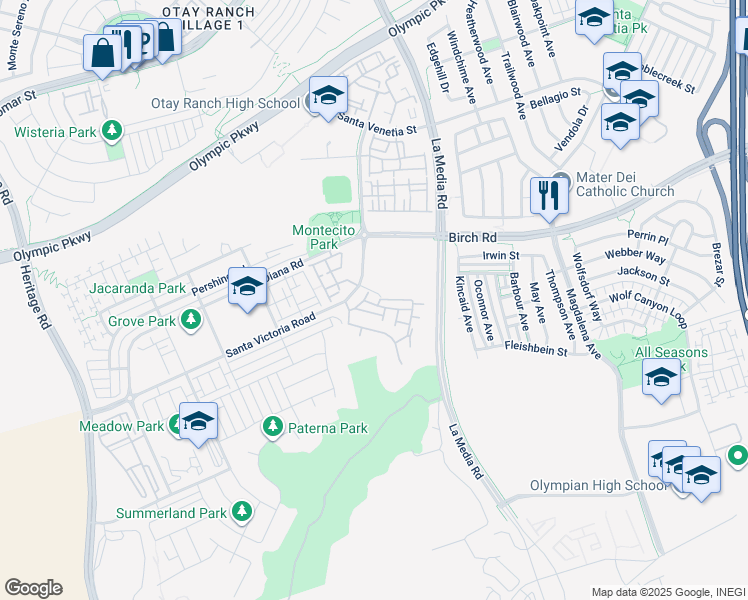 map of restaurants, bars, coffee shops, grocery stores, and more near 1657 La Ribera Lane in Chula Vista