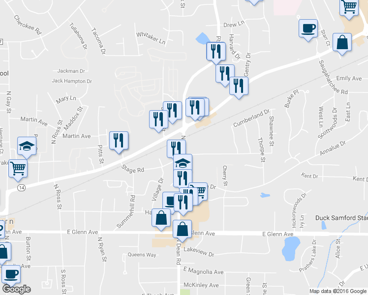 map of restaurants, bars, coffee shops, grocery stores, and more near 472 North Dean Road in Auburn