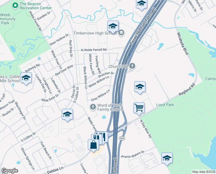 map of restaurants, bars, coffee shops, grocery stores, and more near 1614 Weeping Willow Lane in Arlington