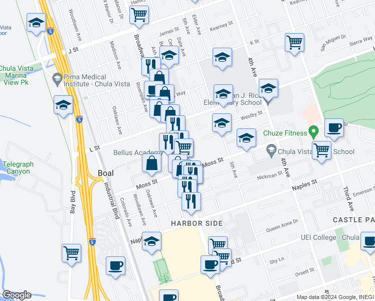 map of restaurants, bars, coffee shops, grocery stores, and more near 581 Arizona Street in Chula Vista