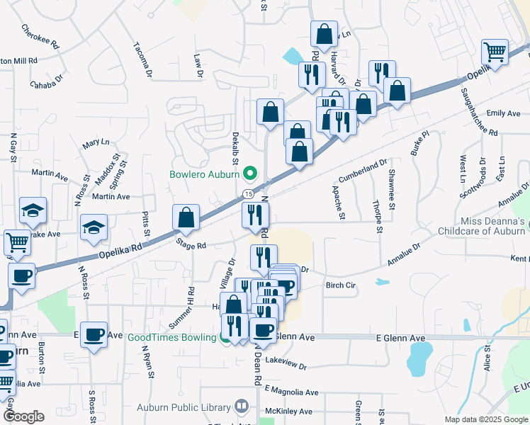 map of restaurants, bars, coffee shops, grocery stores, and more near 472 North Dean Road in Auburn