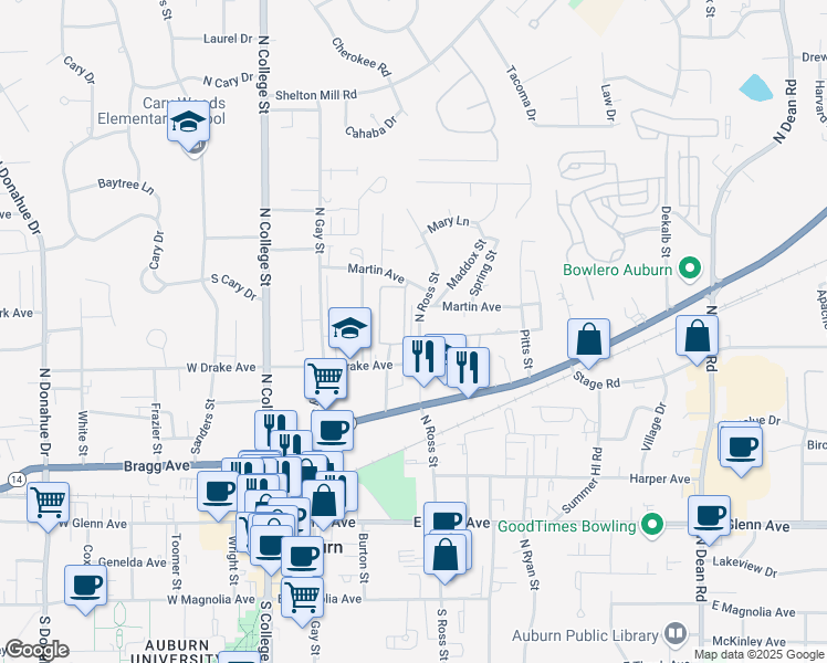 map of restaurants, bars, coffee shops, grocery stores, and more near 553 North Ross Street in Auburn