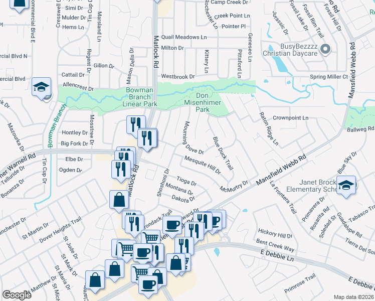map of restaurants, bars, coffee shops, grocery stores, and more near 8004 Mourning Dove Drive in Arlington
