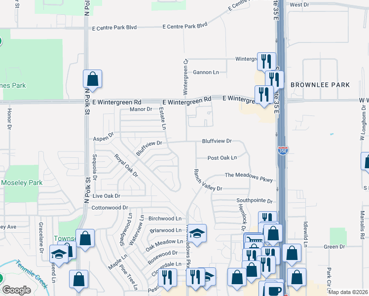 map of restaurants, bars, coffee shops, grocery stores, and more near 1101 Bluffview Drive in DeSoto