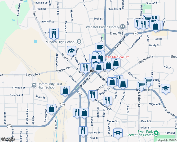 map of restaurants, bars, coffee shops, grocery stores, and more near 605 Main Street in Minden