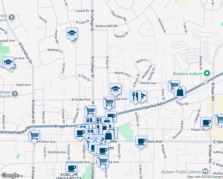 map of restaurants, bars, coffee shops, grocery stores, and more near 560 North Gay Street in Auburn
