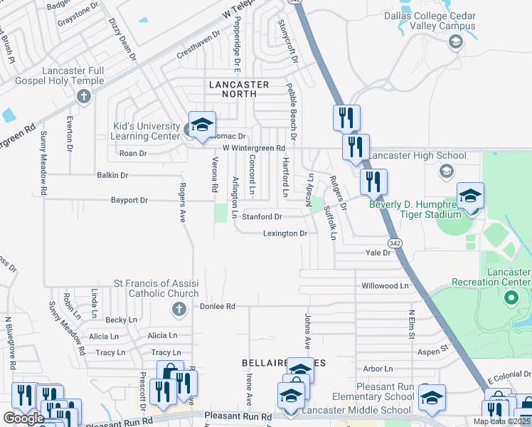 map of restaurants, bars, coffee shops, grocery stores, and more near 853 Stanford Drive in Lancaster