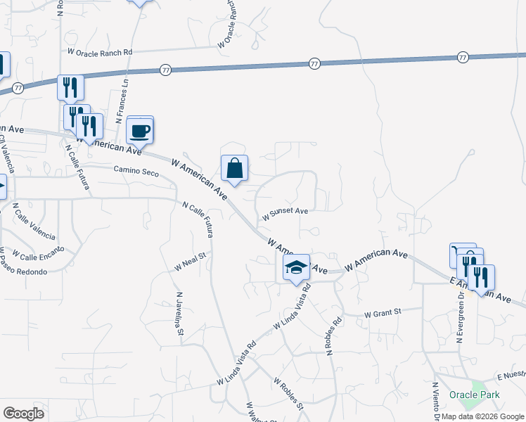 map of restaurants, bars, coffee shops, grocery stores, and more near 845 West Rito Circle in Oracle