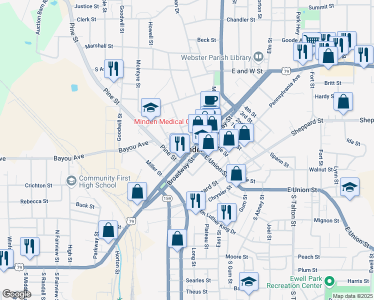 map of restaurants, bars, coffee shops, grocery stores, and more near 605 Main Street in Minden