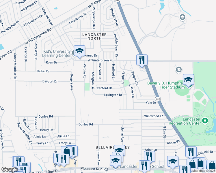 map of restaurants, bars, coffee shops, grocery stores, and more near 845 Stanford Drive in Lancaster